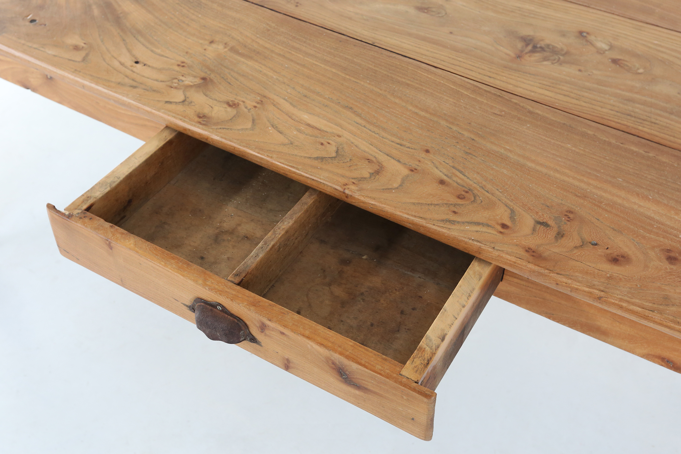 Wabi sabi style French dinner table in elm wood with drawer, ca. 1850thumbnail